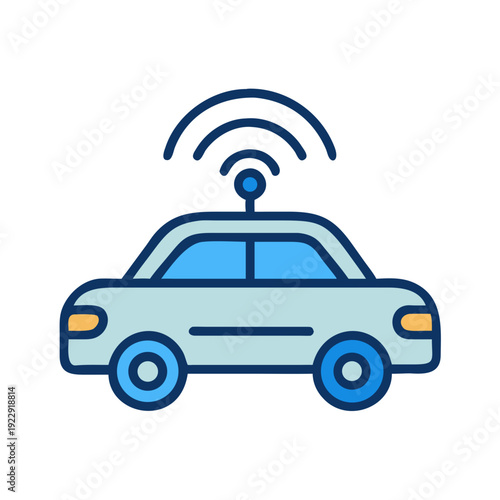 Autonomous Vehicle Icon: Smart Car Connected with Wireless Technology on Black Background