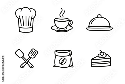 A collection of six minimalist black line art icons featuring a chef hat, a steaming coffee cup, a food cloche, crossed spatulas, a bag of coffee beans, and a slice of cake.