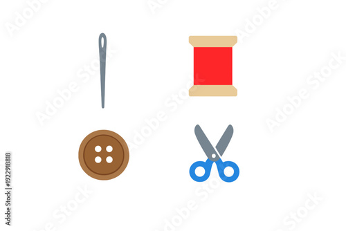 This illustration features essential sewing tools: a needle, a spool of red thread, a brown button, and blue scissors, all presented as flat icons on a black background.