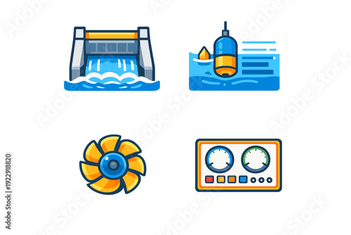 A set of four flat icons representing hydroelectric energy components, including a water dam, a floating sensor buoy, a turbine propeller, and a control panel with gauges.