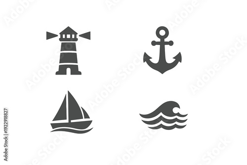 A set of four minimalist nautical icons featuring a lighthouse, an anchor, a sailboat, and ocean waves, presented in a dark gray color against a solid black background.