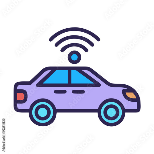 Isolated stylized car with wireless signal, clean outline on black background