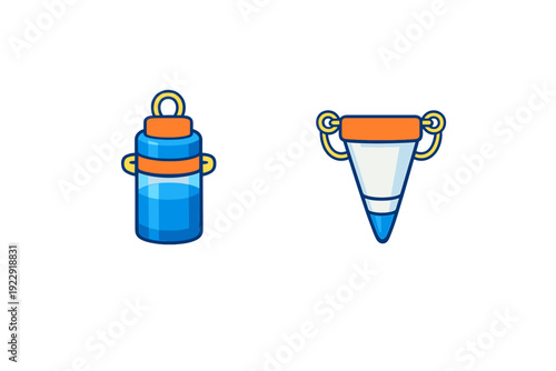 Two stylized cartoon icons featuring a blue water bottle with an orange cap and a conical container with handles, both set against a solid black background in a flat vector style.