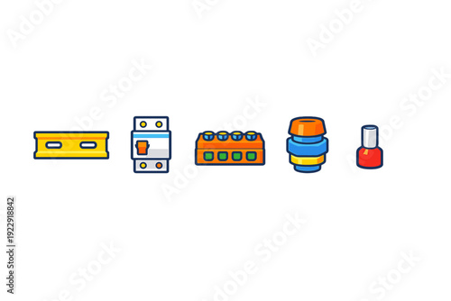 A collection of five colorful vector icons representing electrical components including a circuit breaker, terminal block, and DIN rail, isolated on a solid black background.