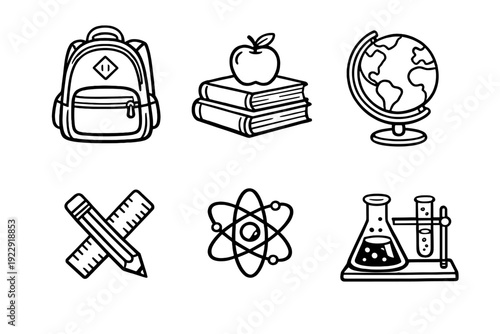 A collection of six white line art icons on a black background representing education and science, including a backpack, books with an apple, a globe, an atom, and lab equipment.