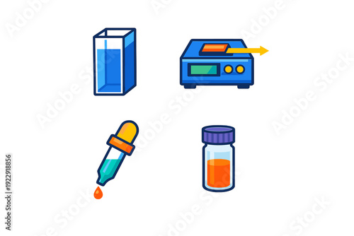 This set of scientific laboratory icons features a blue cuvette, an electronic measuring device, a pipette with a droplet, and a glass vial containing orange liquid.