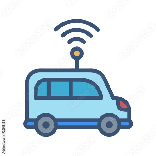 Autonomous vehicle icon with antenna emitting waves on a black background