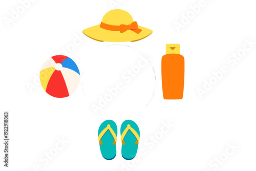 A flat illustration of summer essentials including a yellow sun hat, beach ball, sunscreen bottle, and teal flip-flops arranged around a central white circular frame on a black background.