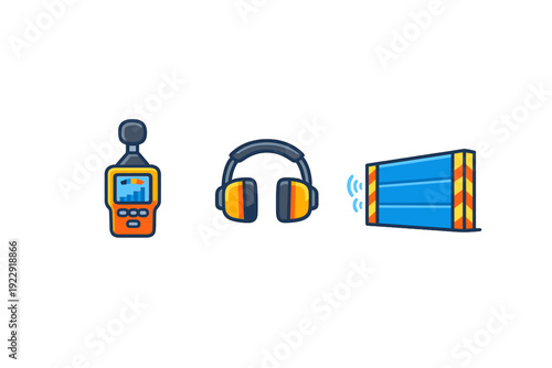 Three flat vector icons representing noise control and hearing safety, including a sound level meter, industrial earmuffs, and a soundproof barrier wall on a black background.