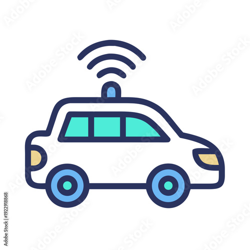 Autonomous police car with radio waves, self-driving technology, and a black background