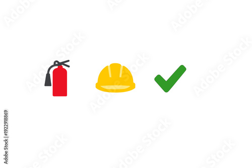 This image features a red fire extinguisher icon, a yellow construction hard hat, and a green checkmark symbol on a black background, symbolizing safety standards and approval.