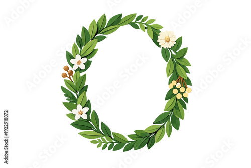 A circular wreath made of green leaves, white flowers, and small berries is centered on a solid black background. The illustration features a layered paper-cut style with soft shadows.