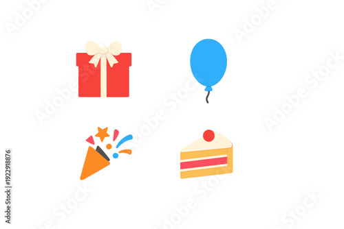 A collection of four colorful celebration icons including a red gift box, a blue balloon, a party popper with confetti, and a slice of cake, all set against a solid black background.