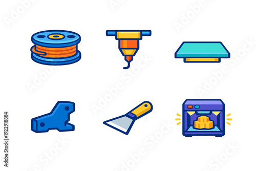 This collection features six colorful icons related to 3D printing technology, including a filament spool, extruder nozzle, print bed, mechanical part, scraper tool, and a desktop printer machine.