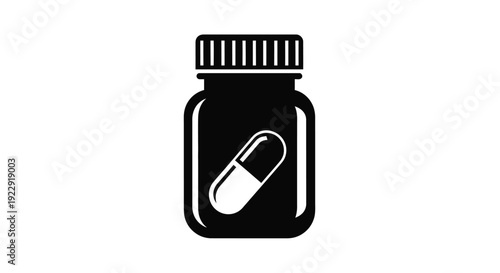 Black and white illustration of a pill bottle with a capsule inside