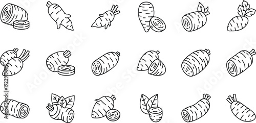 Collection of hand drawn taro root icons showing whole and sliced vegetables in outline style