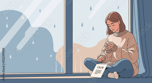 Woman Reading by Window on Rainy Day, Cozy Atmosphere, Calm Mind