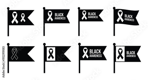 Black flags and emblems featuring a white ribbon symbol displayed
