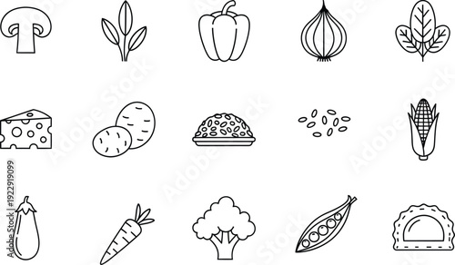 Collection of simple black and white line icons representing various healthy vegetables and food ingredients
