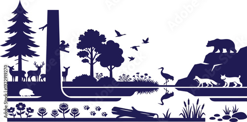 Conservation and wildlife preservation in a forest ecosystem with various animals and plants coexisting