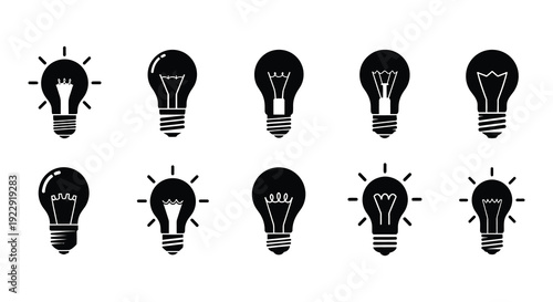 Collection of black silhouette lightbulb icons in various states