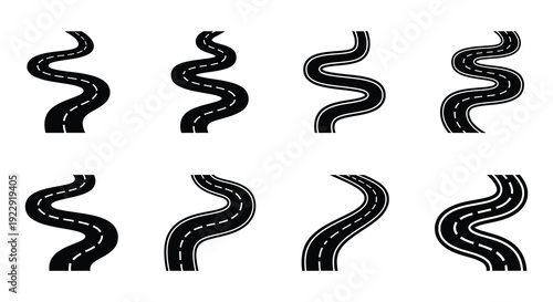 A set of four rows displaying various winding road illustrations