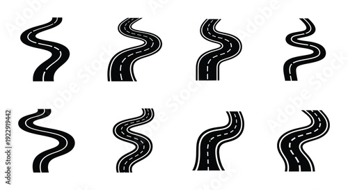 A set of four rows displaying various winding road illustrations