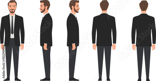 Businessman character turnaround collection with front, side and back views, professional man in black suit and tie, full body flat vector illustration isolated background