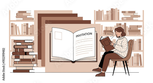 Woman Reading Invitation Book in Library, Education, Knowledge and Literature Concept