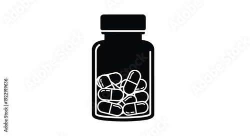 Simple black and white illustration of a pill bottle filled with capsules