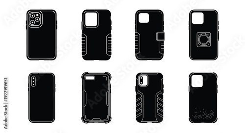 Collection of black smartphone cases in various protective designs
