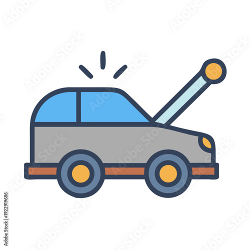 Cartoon car with open hood flat illustration on black background for repair