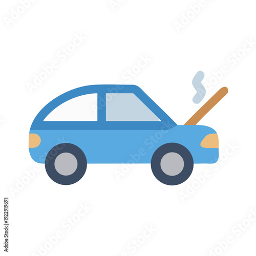Blue car with hood open and steam emerging flat vector illustration