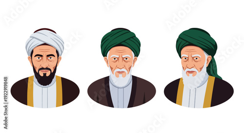 Set of 3 vector collections of elderly Muslim men wearing traditional Islamic, isolated on white background, senior cultural character illustration set for ramadan kareem and eid mubarak themes