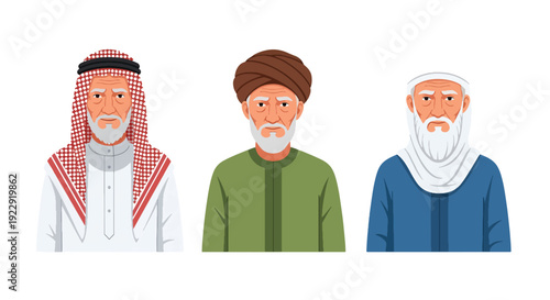 Set of 3 vector collections of elderly Muslim men wearing traditional Islamic, isolated on white background, senior cultural character illustration set for ramadan kareem and eid mubarak themes