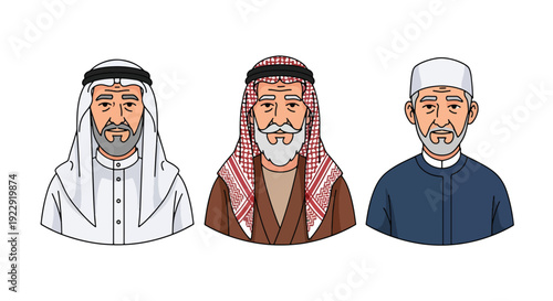 Set of 3 vector collections of elderly Muslim men wearing traditional Islamic, isolated on white background, senior cultural character illustration set for ramadan kareem and eid mubarak themes
