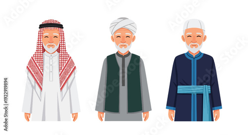 Set of 3 vector collections of elderly Muslim men wearing traditional Islamic, isolated on white background, senior cultural character illustration set for ramadan kareem and eid mubarak themes