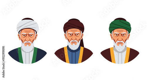 Set of 3 vector collections of elderly Muslim men wearing traditional Islamic, isolated on white background, senior cultural character illustration set for ramadan kareem and eid mubarak themes