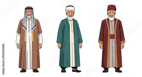 Set of 3 vector collections of Muslim elderly men use traditional Islamic, isolated on white background, cultural character illustration for ramadan kareem and eid mubarak themes