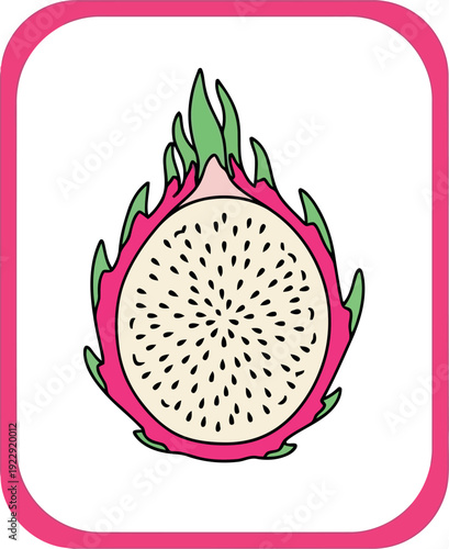 Colorful hand-drawn dragon fruit illustration with pink border for healthy food and tropical design projects