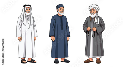 Set of 3 vector collections of Muslim elderly men use traditional Islamic, isolated on white background, cultural character illustration for ramadan kareem and eid mubarak themes