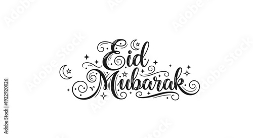 Black Eid Mubarak text with ornate swirling decorative elements, stars, and moon crescents.