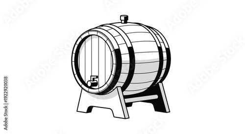 Black and white line drawing of a wooden barrel with a spigot on a stand.