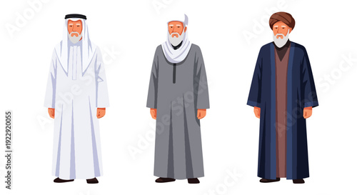 Set of 3 vector collections of Muslim elderly men use traditional Islamic, isolated on white background, cultural character illustration for ramadan kareem and eid mubarak themes