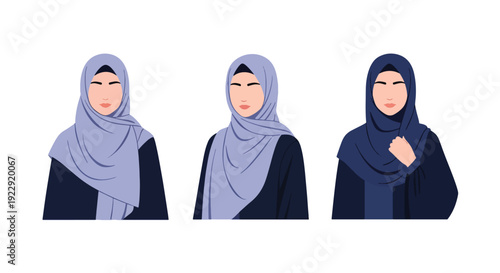 Set of 3 vector collections of young Muslim women wearing colorful hijab and modest fashion style, isolated on white background, modern Islamic female portrait illustration set for ramadan kareem 