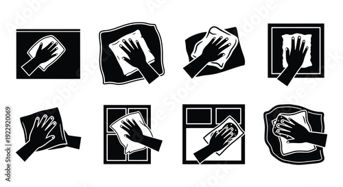 Black and white icons depicting hands cleaning various surfaces