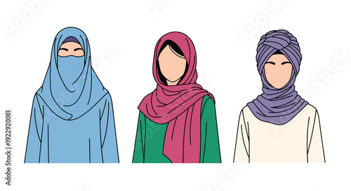 Set of 3 vector collections of young Muslim women wearing colorful hijab and modest fashion style, isolated on white background, modern Islamic female portrait illustration set for ramadan kareem 