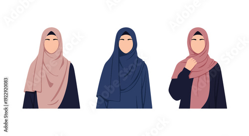 Set of 3 vector collections of young Muslim women wearing colorful hijab and modest fashion style, isolated on white background, modern Islamic female portrait illustration set for ramadan kareem 