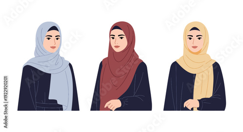 Set of 3 vector collections of young Muslim women wearing colorful hijab and modest fashion style, isolated on white background, modern Islamic female portrait illustration set for ramadan kareem 