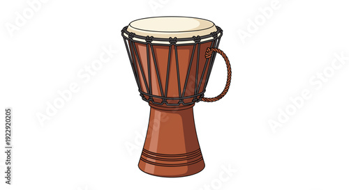 A single traditional djembe drum with a light skin head, dark ropes, and a rope handle is shown in a colored illustration.